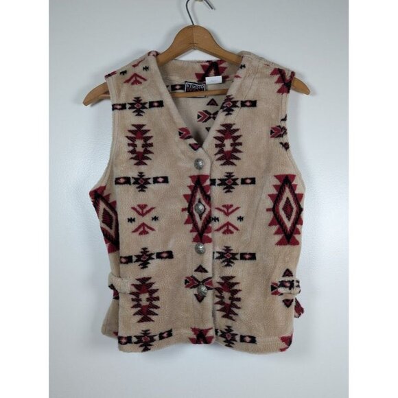Vintage 90s Fleece Southwestern Vest Size Large Aztec Western Metal Button - Picture 6 of 8